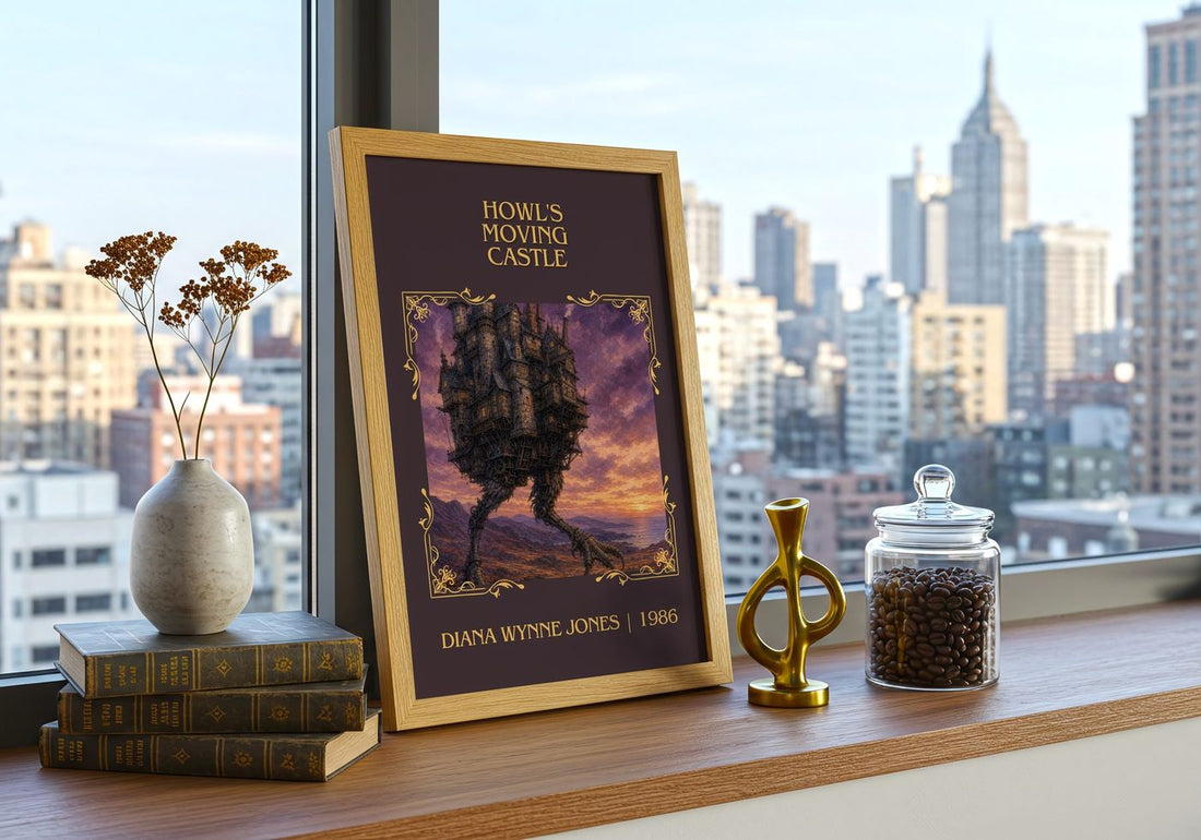 Howl's Moving Castle Classic Book Art Print by Diana Wynne Jones – framed print on a city-view windowsill