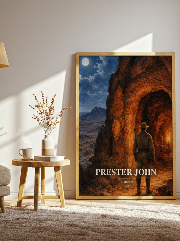 Prester John watercolour print in frame leaning in hallway – adventure wall art