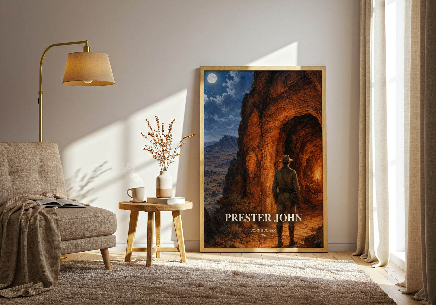 Prester John watercolour print in frame leaning in hallway – adventure wall art