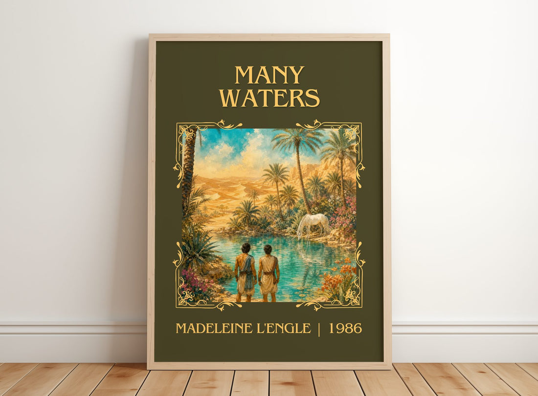 Many Waters Classic Book Art Print by Madeleine L'Engle – framed print leaning on a wooden floor