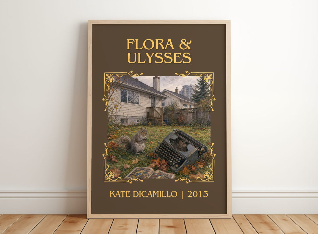 Flora & Ulysses Classic Book Art Print by Kate DiCamillo – framed print leaning on a wooden floor