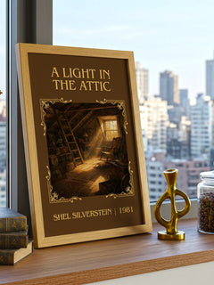 A Light in the Attic Classic Book Art Print by Shel Silverstein – framed print on a city-view windowsill