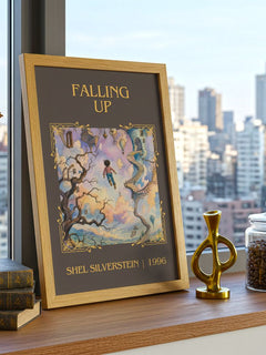 Falling Up Classic Book Art Print by Shel Silverstein – framed print on a city-view windowsill
