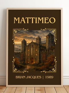 Mattimeo Classic Book Art Print by Brian Jacques – framed print leaning on a wooden floor