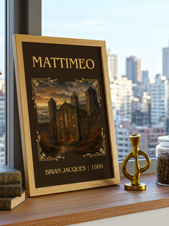 Mattimeo Classic Book Art Print by Brian Jacques – framed print on a city-view windowsill