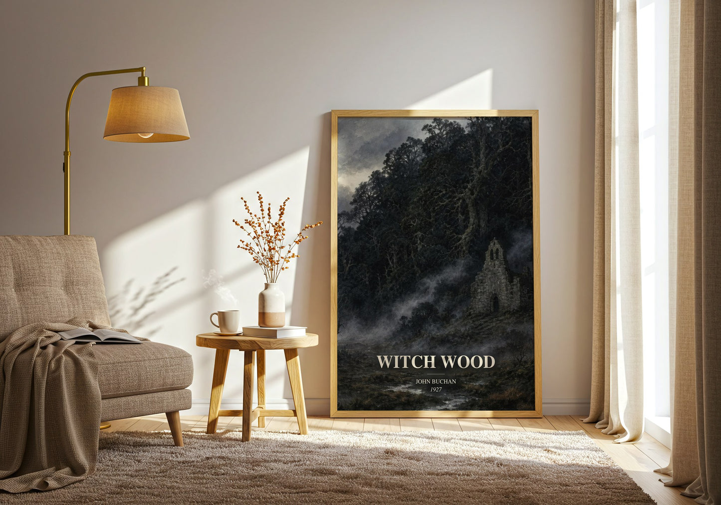 Witch Wood watercolour print in frame leaning in hallway – historical fiction wall art