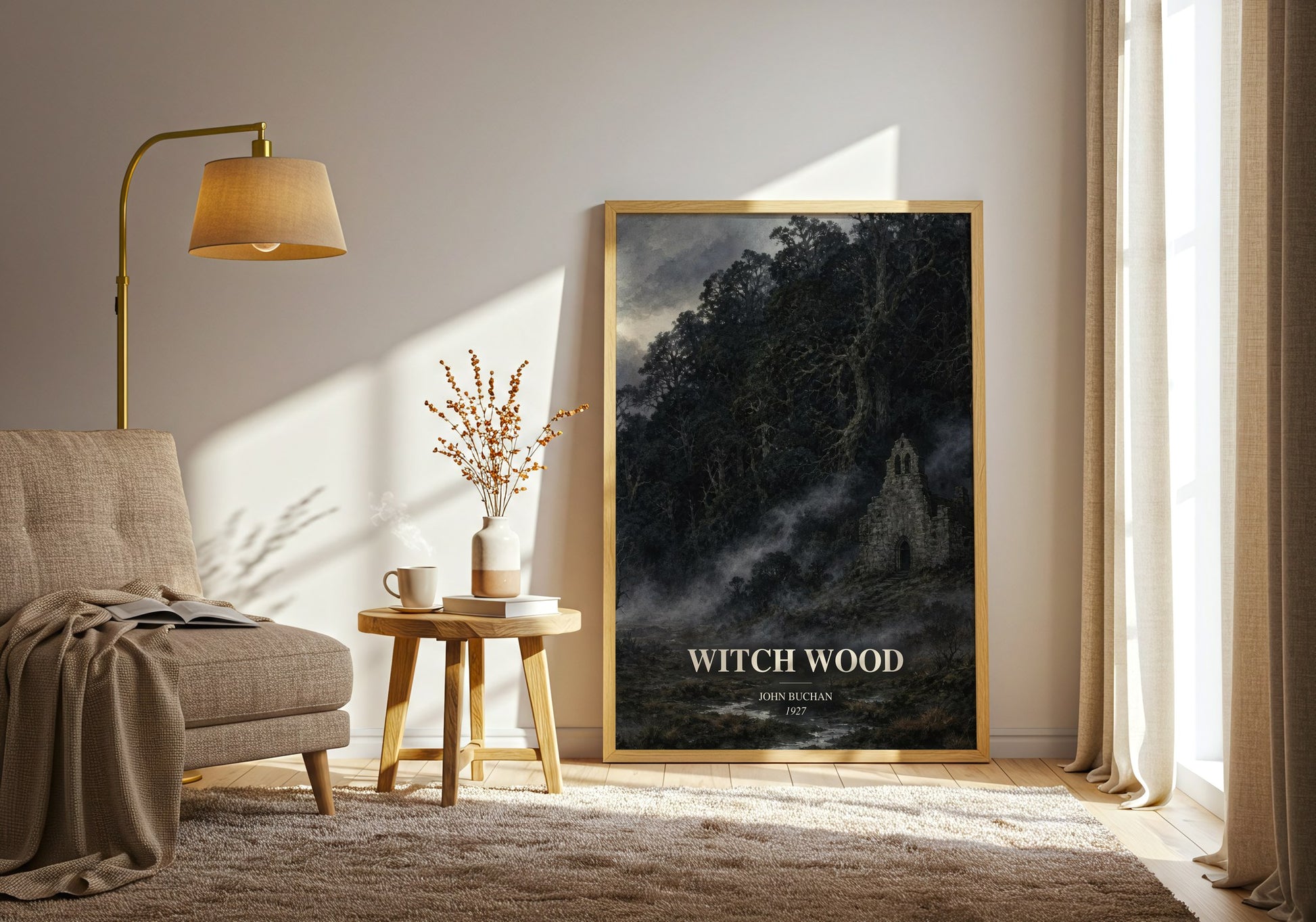 Witch Wood watercolour print in frame leaning in hallway – historical fiction wall art