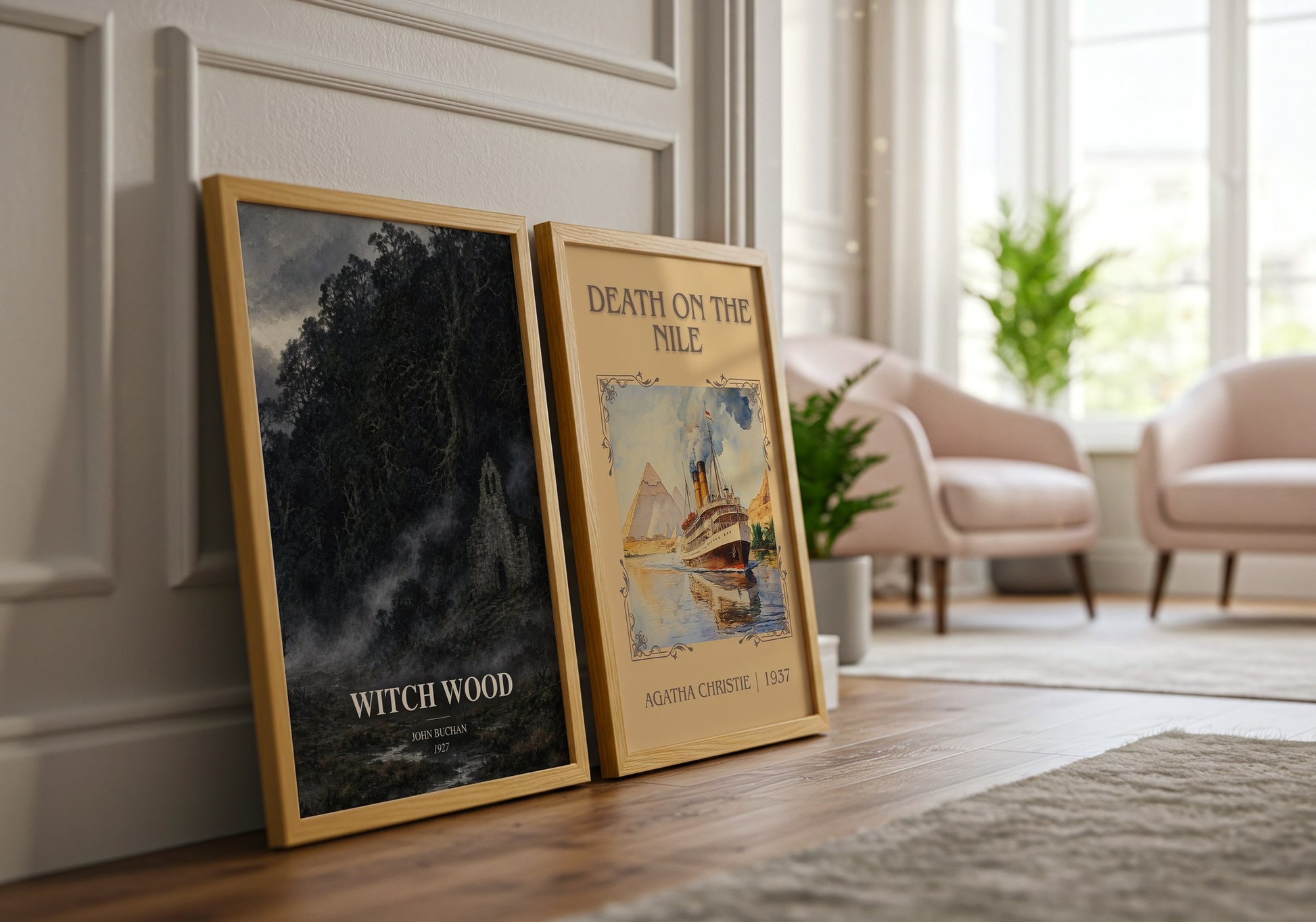 Witch Wood watercolour print framed by window – literary home decor