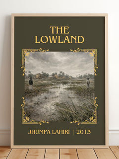 The Lowland Classic Book Art Print by Jhumpa Lahiri – framed print leaning on a wooden floor