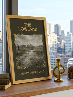 The Lowland Classic Book Art Print by Jhumpa Lahiri – framed print on a city-view windowsill