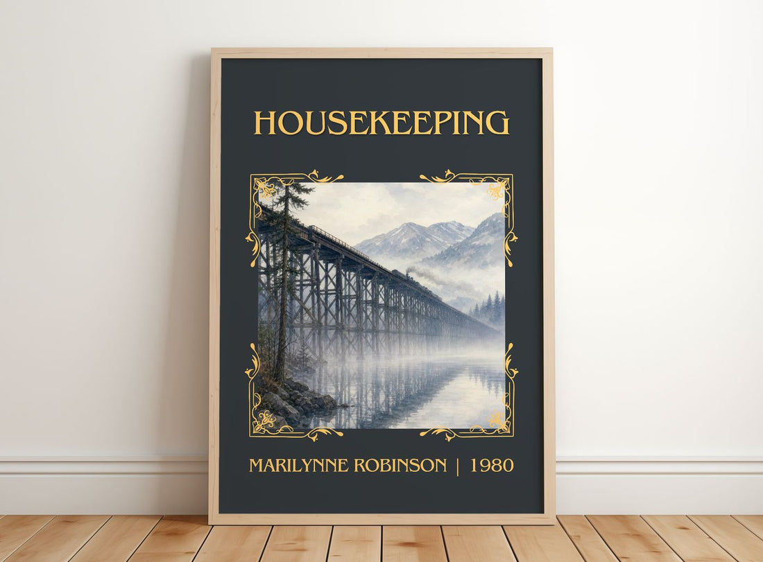 Housekeeping Classic Book Art Print by Marilynne Robinson – framed print leaning on a wooden floor