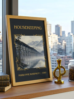 Housekeeping Classic Book Art Print by Marilynne Robinson – framed print on a city-view windowsill