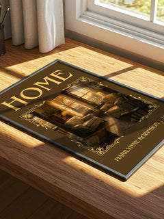 Home Classic Book Art Print by Marilynne Robinson – print on a sunlit desk