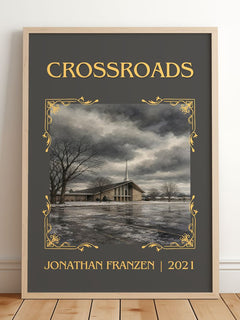 Crossroads Classic Book Art Print by Jonathan Franzen – framed print leaning on a wooden floor