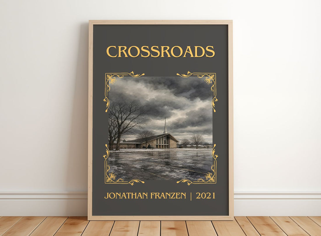 Crossroads Classic Book Art Print by Jonathan Franzen – framed print leaning on a wooden floor