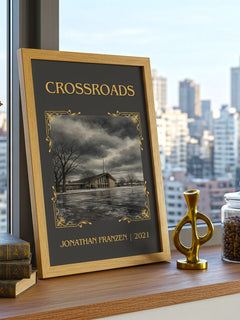 Crossroads Classic Book Art Print by Jonathan Franzen – framed print on a city-view windowsill