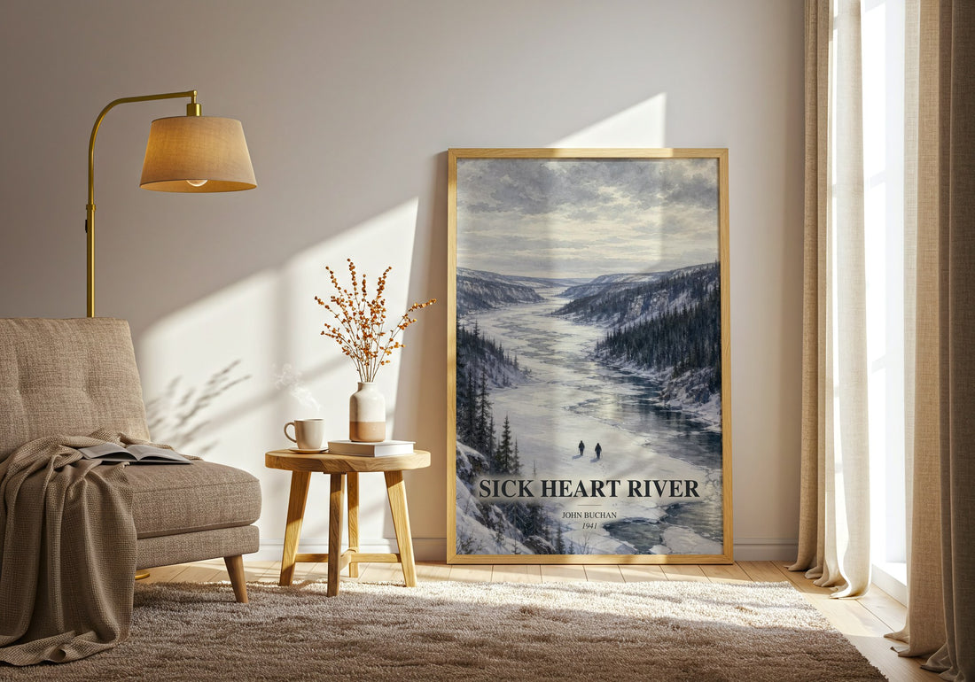 Sick Heart River watercolour print in frame leaning in hallway – adventure wall art (mockup)