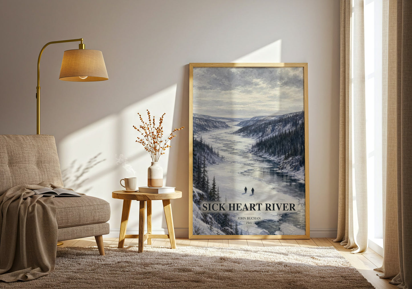 Sick Heart River watercolour print in frame leaning in hallway – adventure wall art