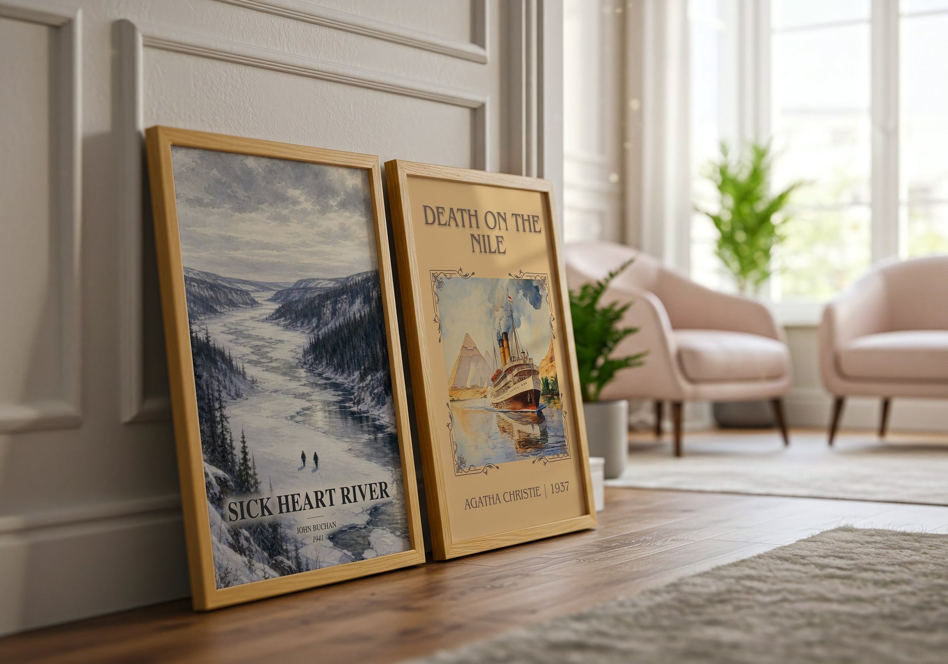 Sick Heart River watercolour print framed by window – literary home decor