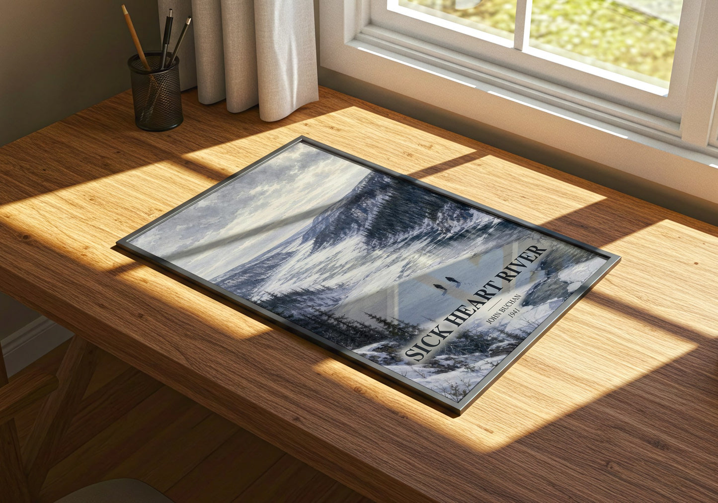 Sick Heart River watercolour book poster framed on wall – adventure wall art