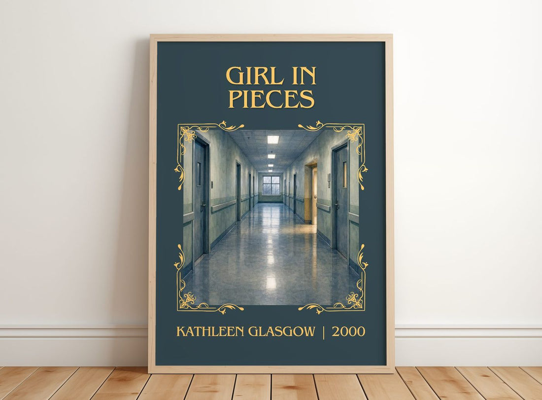 Girl in Pieces Classic Book Art Print by Kathleen Glasgow – framed print leaning on a wooden floor