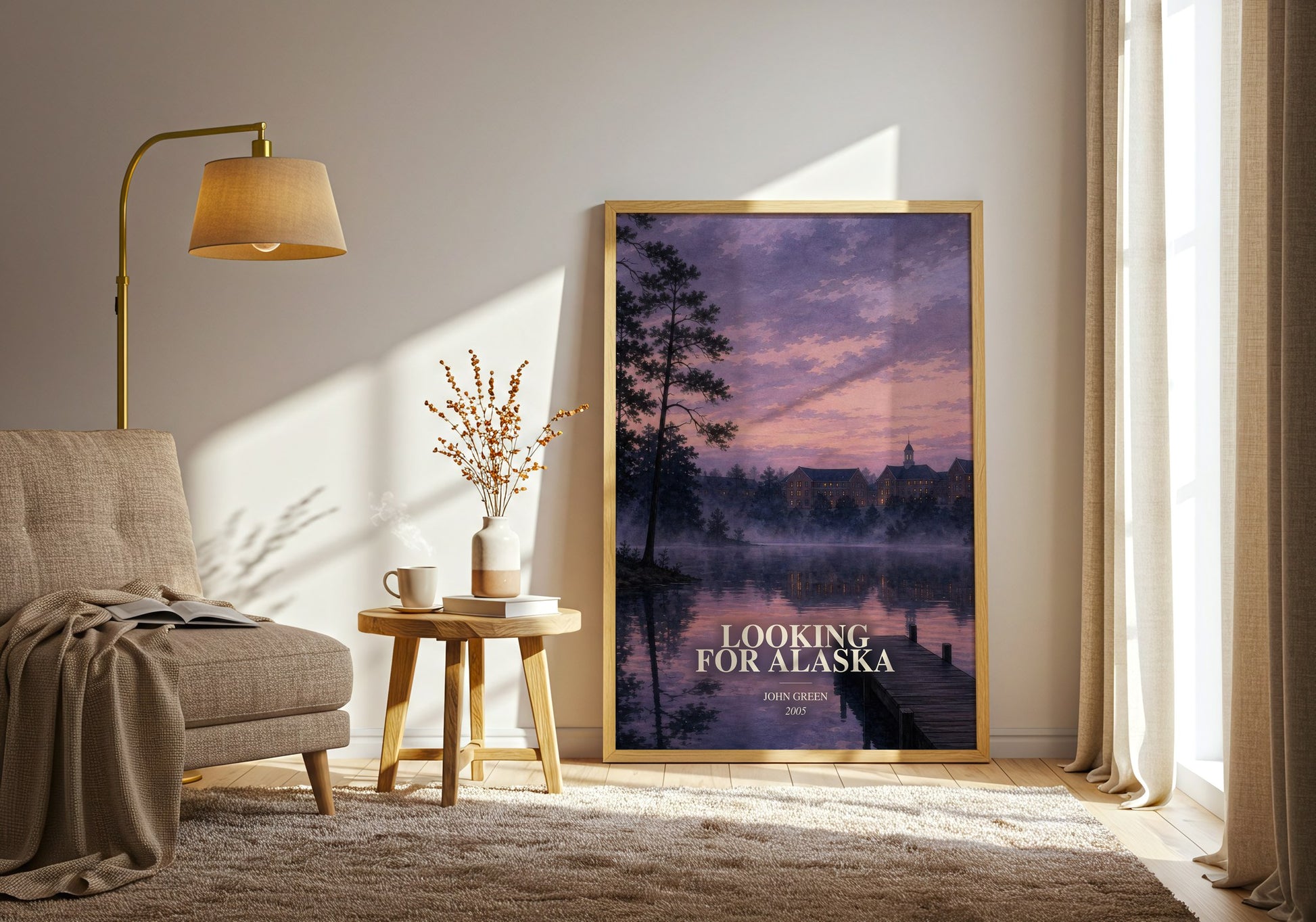 Looking For Alaska watercolour print in frame leaning in hallway – young adult wall art