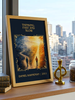 Thinking, fast and slow Classic Book Art Print by Daniel Kahneman – framed print on a city-view windowsill