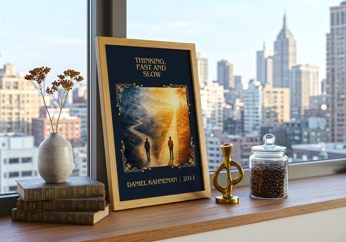 Thinking, fast and slow Classic Book Art Print by Daniel Kahneman – framed print on a city-view windowsill