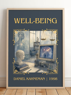 Well-being Classic Book Art Print by Daniel Kahneman – framed print leaning on a wooden floor