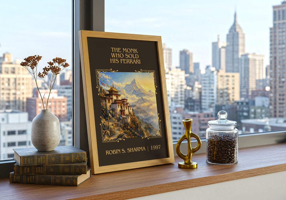 Monk Who Sold His Ferrari Classic Book Art Print by Robin S. Sharma – framed print on a city-view windowsill