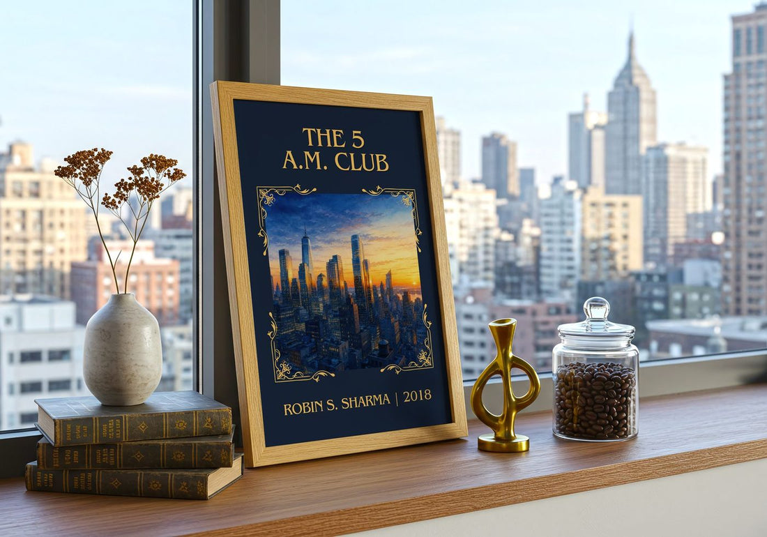 The 5 a.m. Club Classic Book Art Print by Robin S. Sharma – framed print on a city-view windowsill