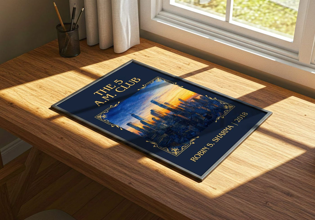 The 5 a.m. Club Classic Book Art Print by Robin S. Sharma – print on a sunlit desk