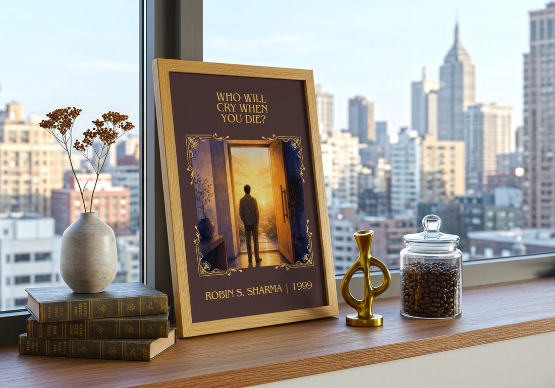 Who Will Cry When You Die? Classic Book Art Print by Robin S. Sharma – framed print on a city-view windowsill