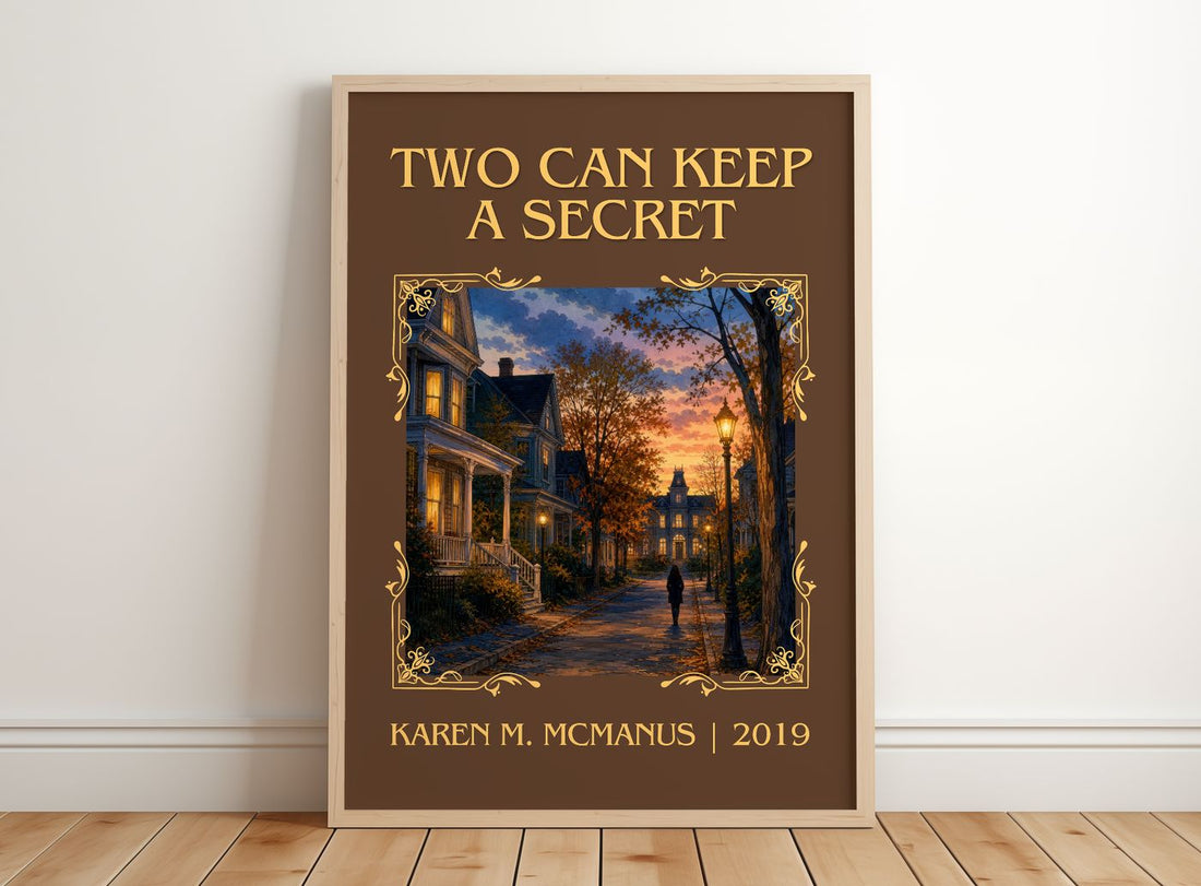 Two Can Keep a Secret Classic Book Art Print by Karen M. McManus – framed print leaning on a wooden floor
