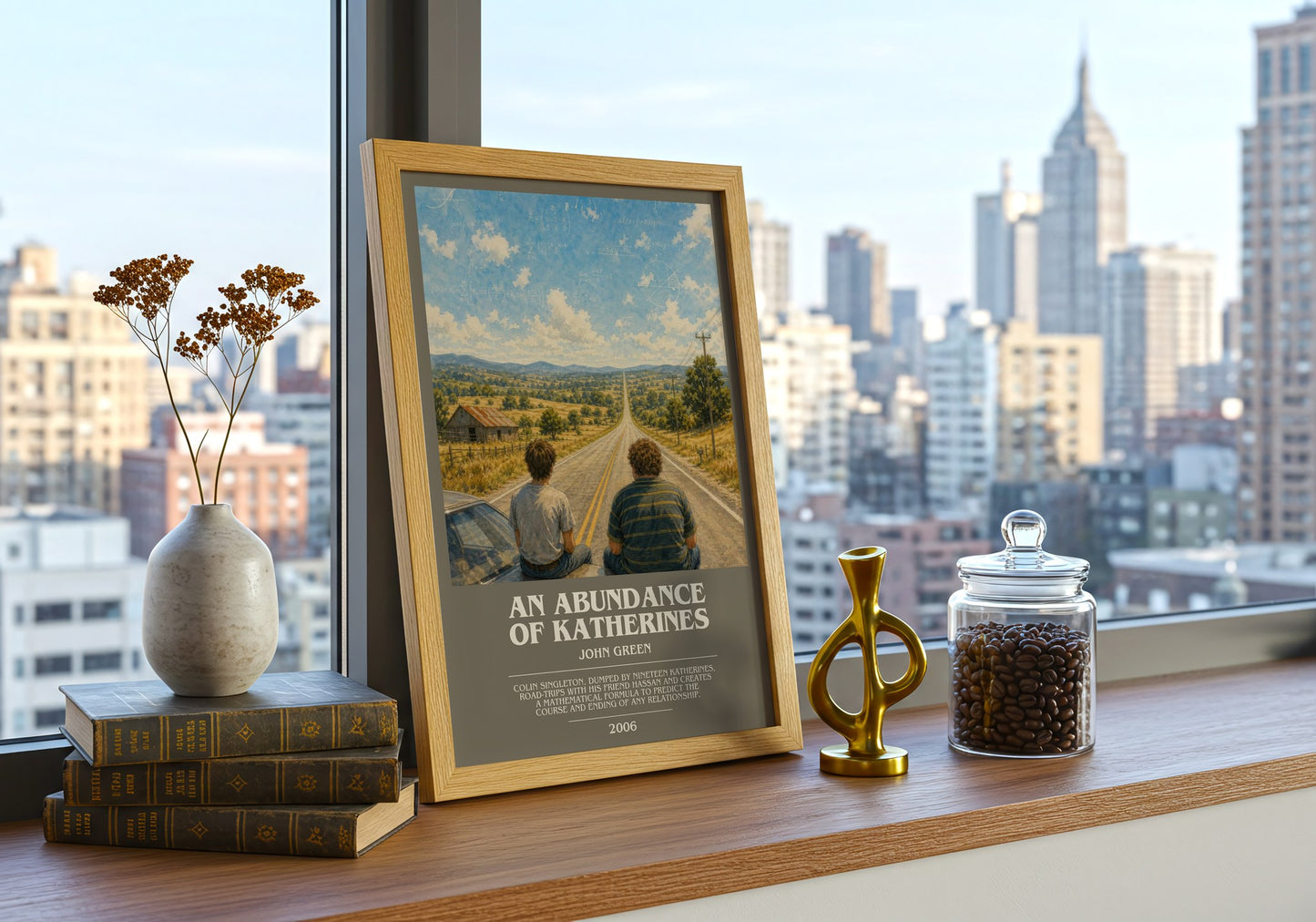 An Abundance Of Katherines bookish print framed by window – literary home decor