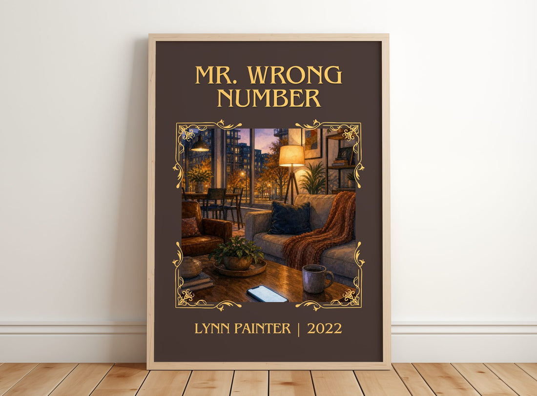 Mr. Wrong Number Classic Book Art Print by Lynn Painter – framed print leaning on a wooden floor