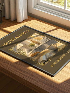 Meditations Classic Book Art Print by Ryan Holiday – print on a sunlit desk