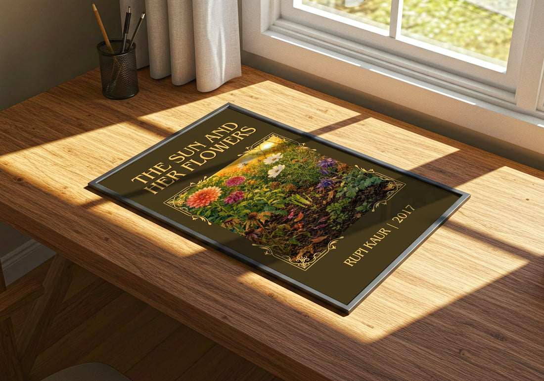 the sun and her flowers Classic Book Art Print by Rupi Kaur – print on a sunlit desk
