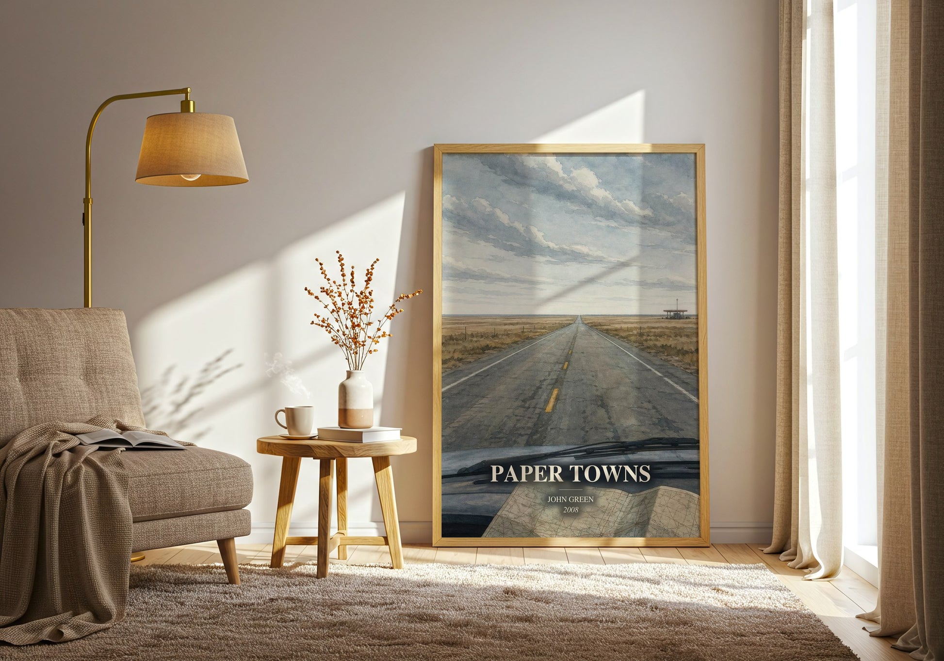 Paper Towns watercolour print in frame leaning in hallway – young adult wall art
