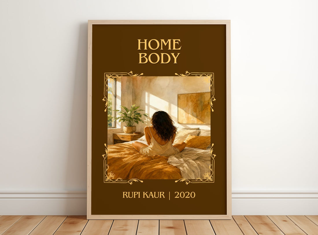 Home Body Classic Book Art Print by Rupi Kaur – framed print leaning on a wooden floor