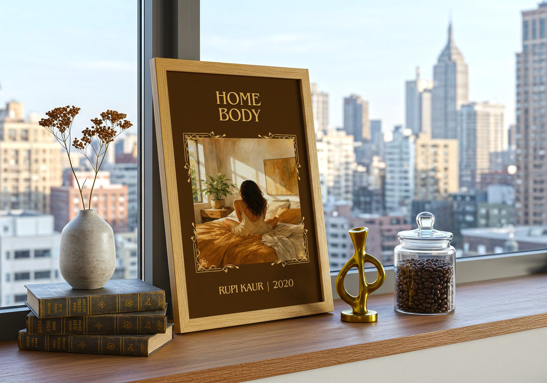 Home Body Classic Book Art Print by Rupi Kaur – framed print on a city-view windowsill