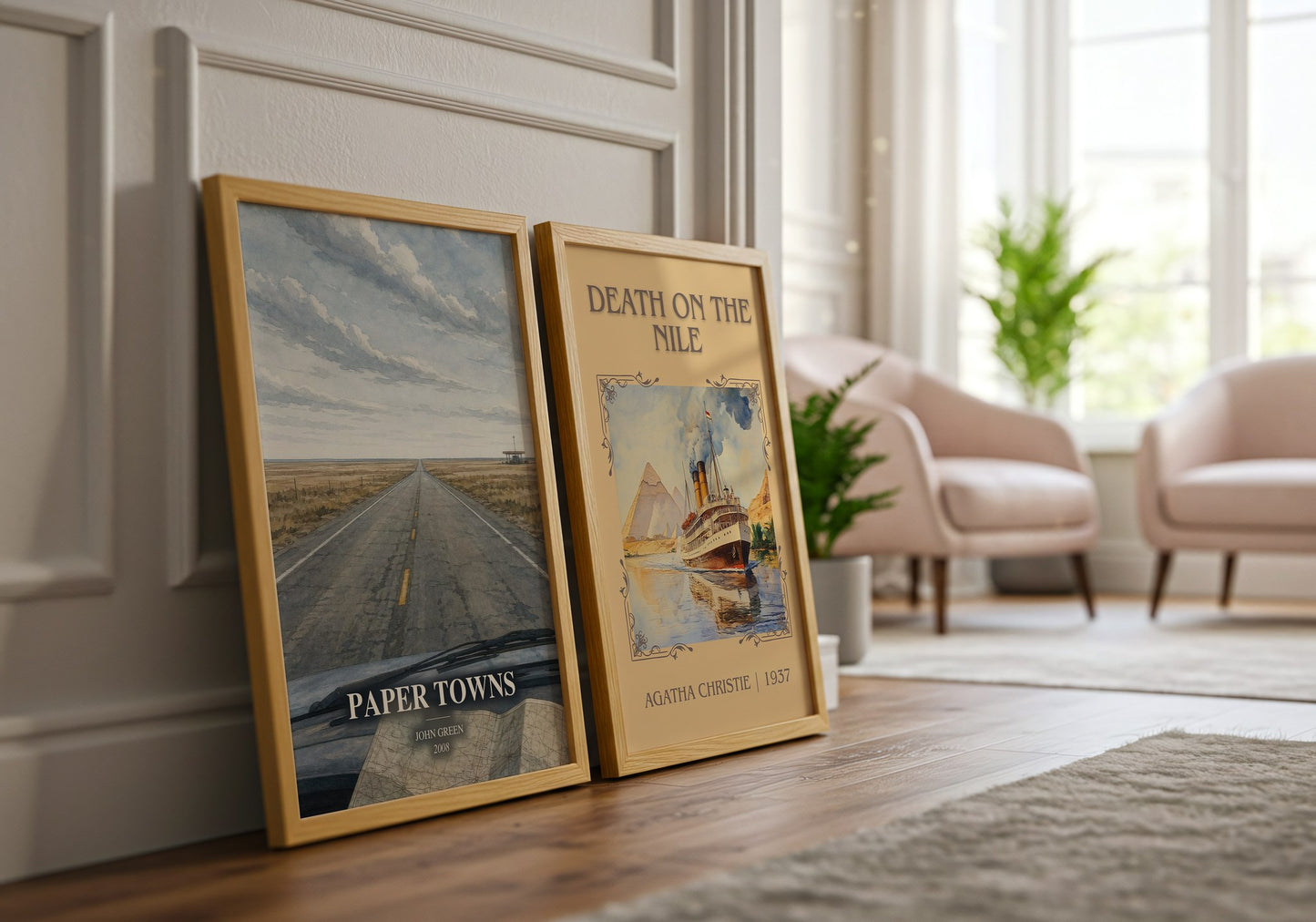Paper Towns watercolour print framed by window – literary home decor