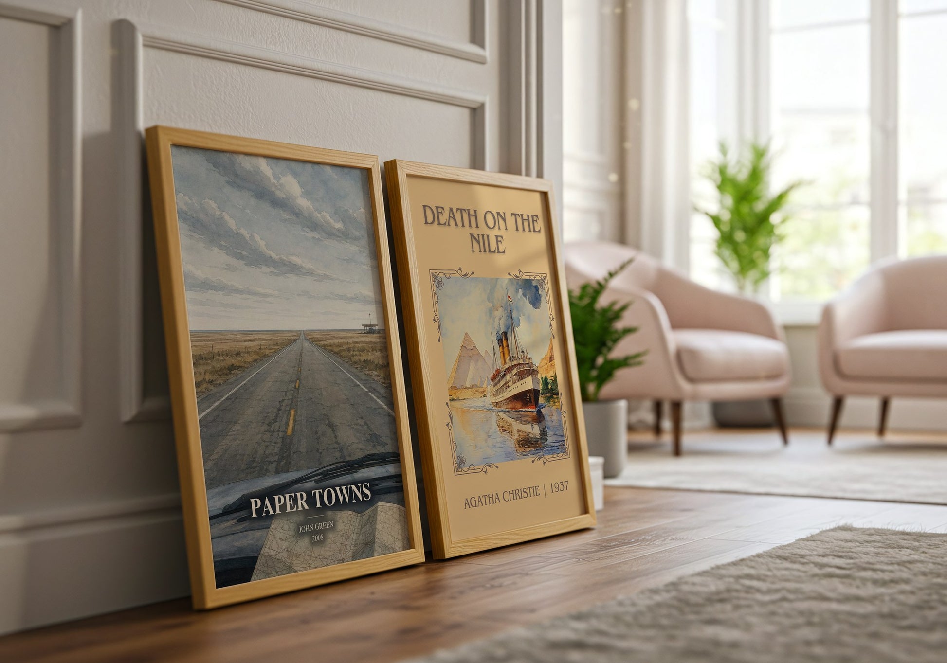 Paper Towns watercolour print framed by window – literary home decor