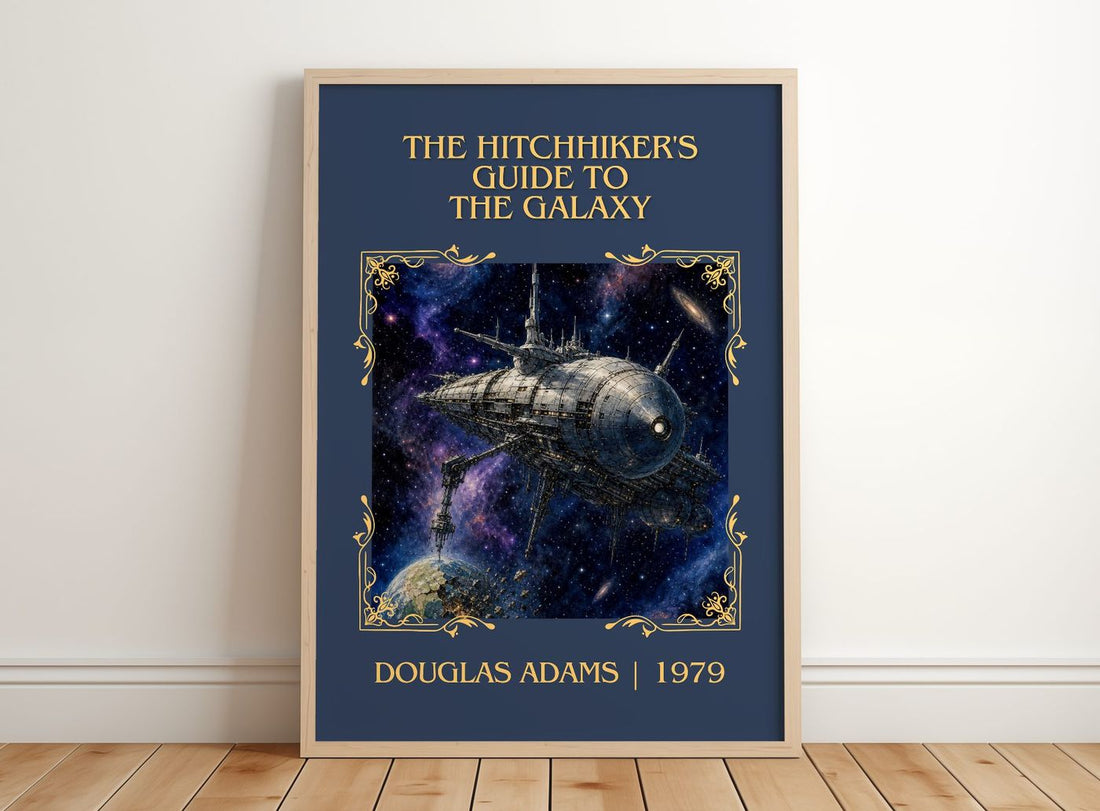 Hitchhiker's Guide to the Galaxy Classic Book Art Print by D. Adams – framed print leaning on a wooden floor