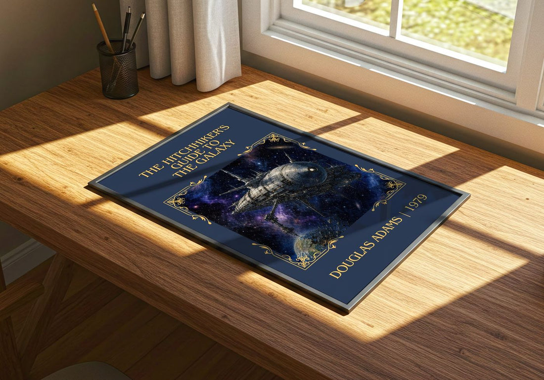 Hitchhiker's Guide to the Galaxy Classic Book Art Print by D. Adams – print on a sunlit desk