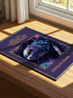 Life, the Universe and Everything Classic Book Art Print by D. Adams – print on a sunlit desk