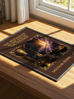The Restaurant at the End of the Universe Classic Book Art Print by Douglas Adams – print on a sunlit desk