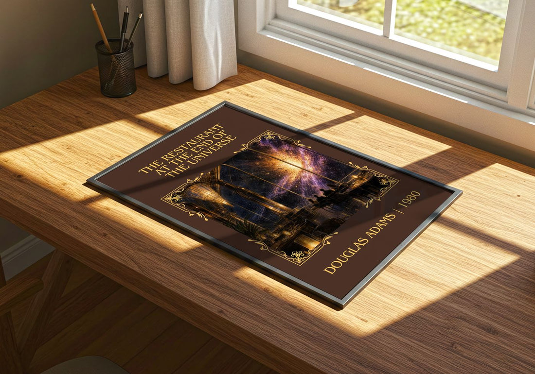 The Restaurant at the End of the Universe Classic Book Art Print by Douglas Adams – print on a sunlit desk