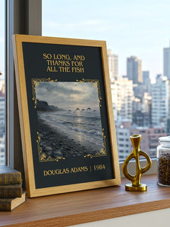 So long, and thanks for all the fish Classic Book Art Print by Douglas Adams – framed print on a city-view windowsill