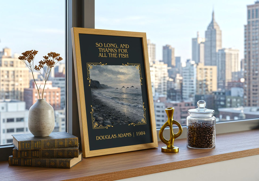 So long, and thanks for all the fish Classic Book Art Print by Douglas Adams – framed print on a city-view windowsill